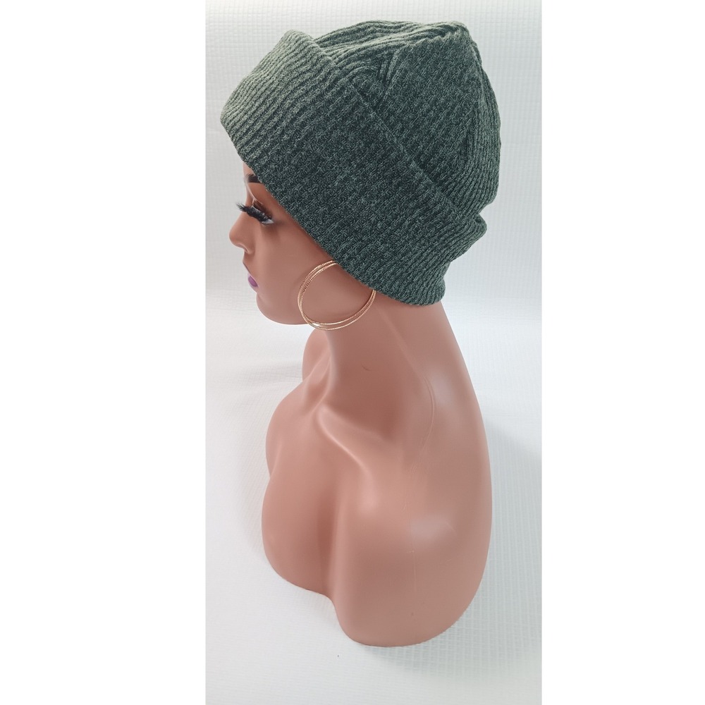 Dark Green Marled Knit Cuffed Slouchy Ribbed Beanie Hat Ribbed Winter Cap